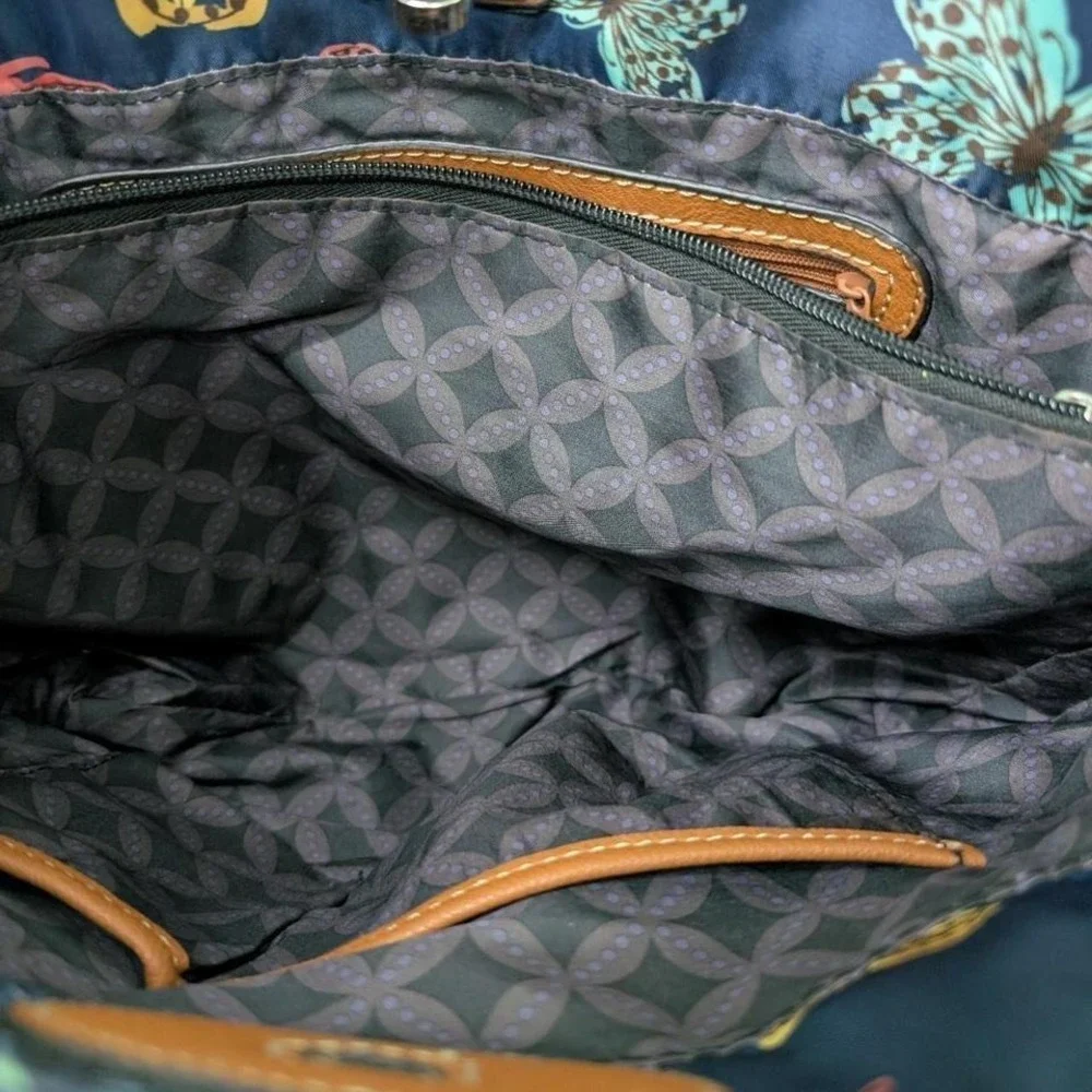 Franco Sarto navy blue‎ butterfly print tote bag with brown leather straps